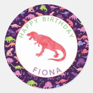 Sticker Rond Filles Dinosaure Personnalisé Motif de fête d'anni