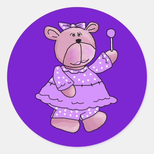 Sticker Rond Filles Enfant Ours Sucette Violet (Devant)