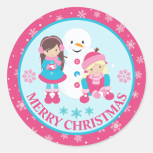 Sticker Rond Filles et Bonhomme de Neige de Noël Rose et Bleu