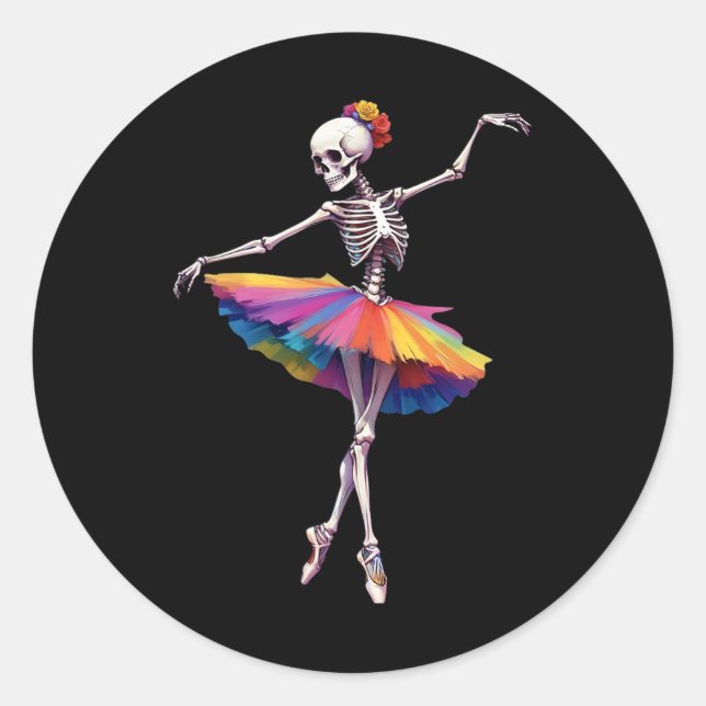 Sticker Rond Filles Femmes Halloween Danser Skeleton Rainbow Ll (Devant)
