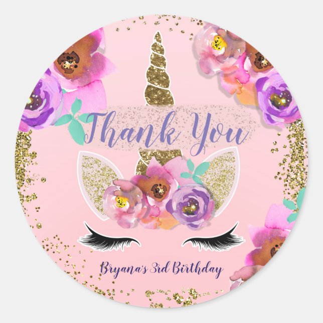 Sticker Rond Filles Floral & Gold Parties scintillant Unicorn f (Devant)