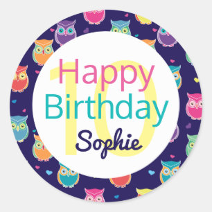 Sticker Rond Filles Joyeux Anniversaire Blue Owl Motif Personna