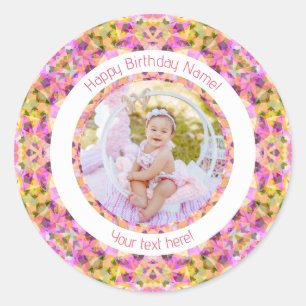 Sticker Rond Filles Joyeux Anniversaire Été Rose Étoile Personn
