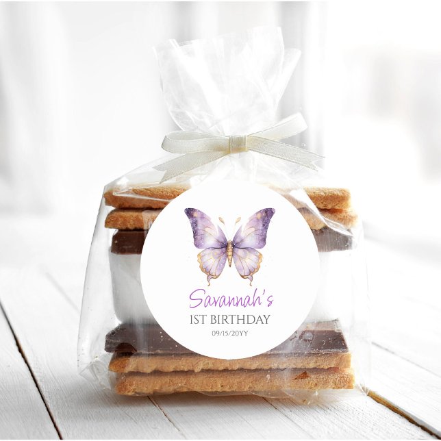 Sticker Rond Filles mignonne papillon pourpre 1er fête d'annive (Créateur téléchargé)