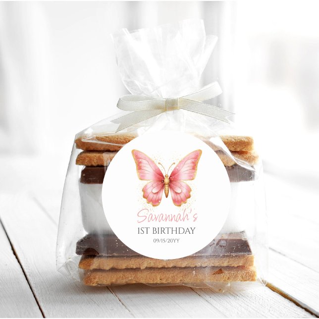 Sticker Rond Filles mignonne papillon rose 1er fête d'anniversa (butterfly 1st birthday favor tags gift tag)