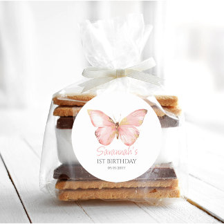 Sticker Rond Filles mignonne Papillon rose pâle 1er anniversair