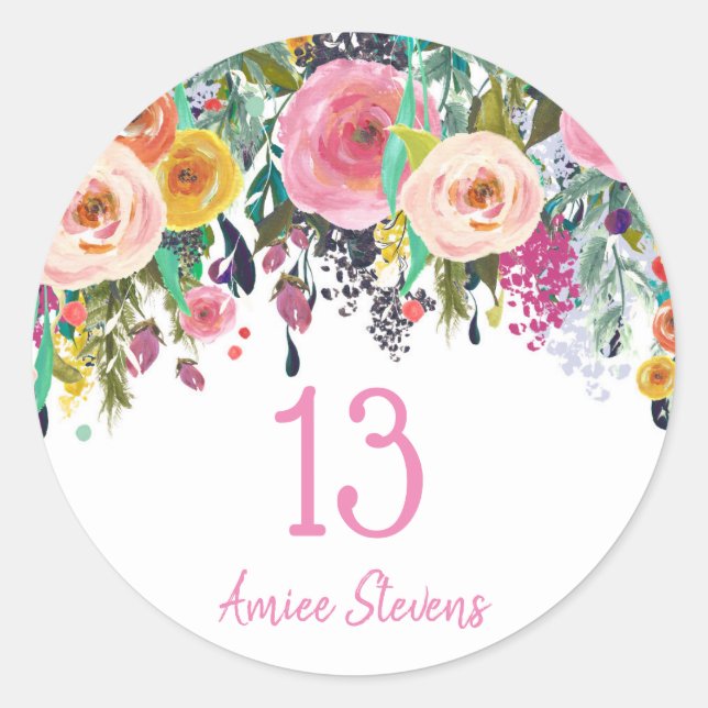 Sticker Rond Filles mignonnes 13e anniversaire fête Peach rose  (Devant)