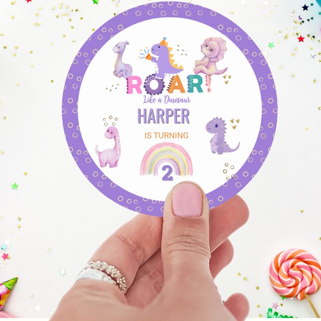 Sticker Rond Filles mignonnes Roar Dinosaur fête d'anniversaire (Créateur téléchargé)