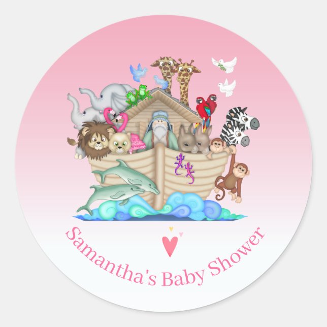 Sticker Rond Filles Noah's Ark Baby shower anniversaire (Devant)