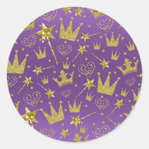 Sticker Rond Filles Pailletées Violet et Or Fête de Princesse