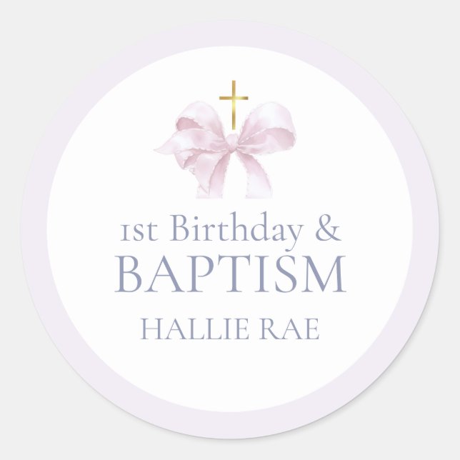 Sticker Rond Filles Pink Bow 1er anniversaire et baptême (Devant)