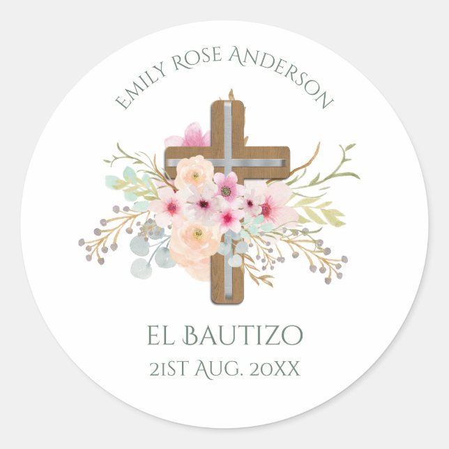 Sticker Rond Filles Pink floral BAUTIZO Baptism Bautismo Nommé (Devant)