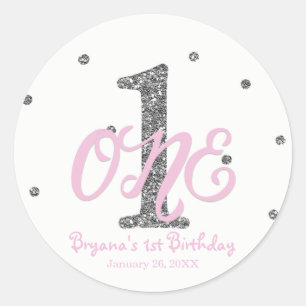 Sticker Rond Filles Rose & Argent ONE 1er Anniversaire Cadeau