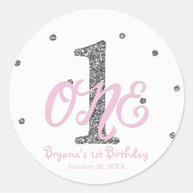Sticker Rond Filles Rose et Argent ONE 1er Anniversaire Cadeau (Devant)