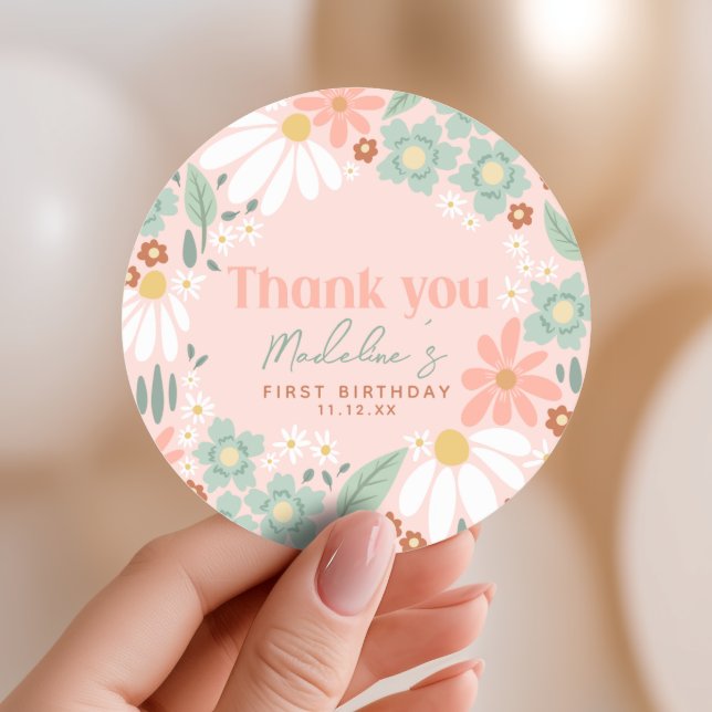 Sticker Rond Filles Rose Fleur sauvage Daisy 1er Anniversaire F (Créateur téléchargé)