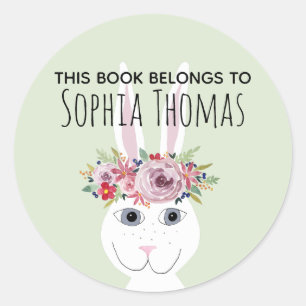 Sticker Rond Filles tendance Floral Nom du lapin Bookplate