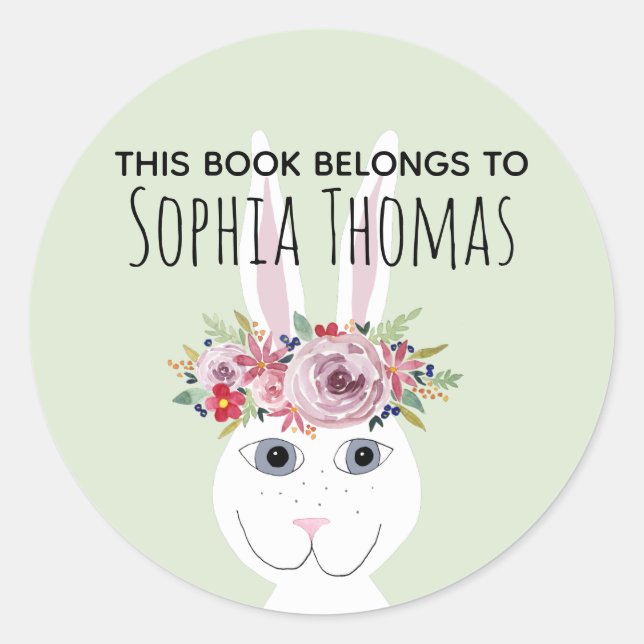 Sticker Rond Filles tendance Floral Nom du lapin Bookplate (Devant)