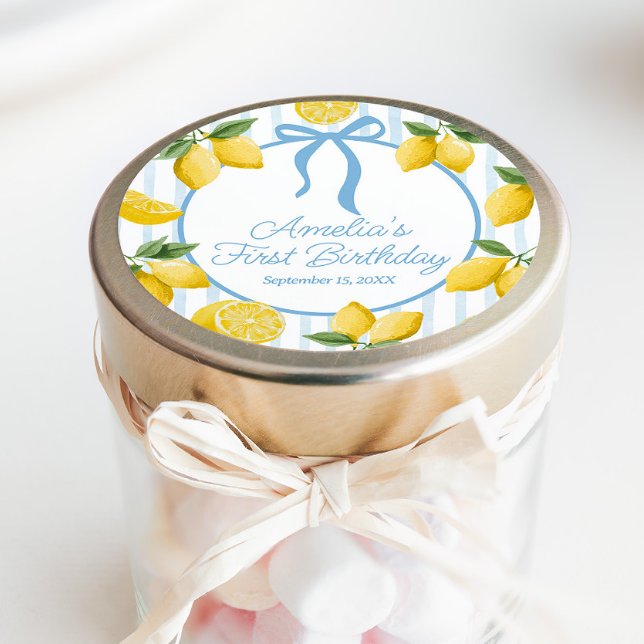 Sticker Rond Filles Whimsical Blue Bow Lemon Amalfi Anniversair (Créateur téléchargé)