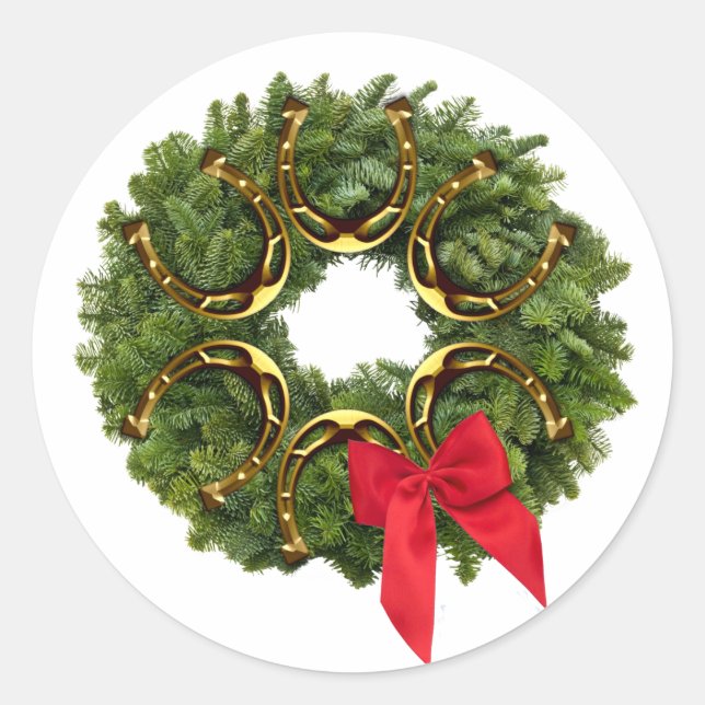 Sticker Rond Fir Wreath avec Gold Horseshoes et Red Bow (Devant)