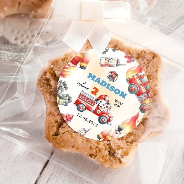 Sticker Rond Fire Truck Firefighter 2e fête d'anniversaire (Créateur téléchargé)