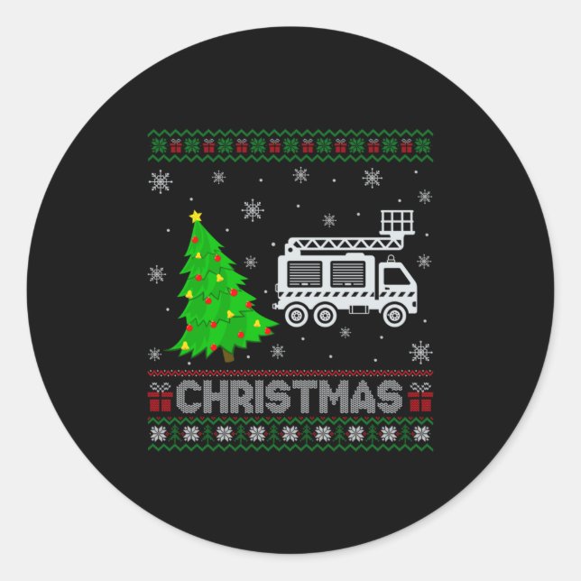 Sticker Rond Fire Truck Xmas Tree Lighting Ugly Christmas Sweat (Devant)