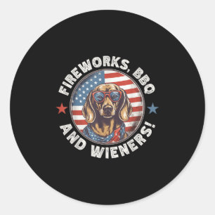 Sticker Rond Fireworks Bbq & Wienneen Drôle Weiner Chien Ju