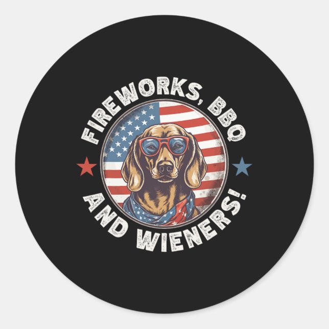 Sticker Rond Fireworks Bbq Et Wieners Drôle Weiner Chien Juille (Devant)