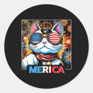 Sticker Rond Fireworks Patriotique Maneki Neko Chat Merica