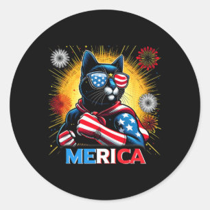 Sticker Rond Fireworks Us Drapeau Patriotique Chat Noir