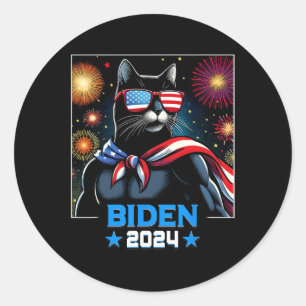 Sticker Rond Fireworks Us Président Biden 2024 Chat noir