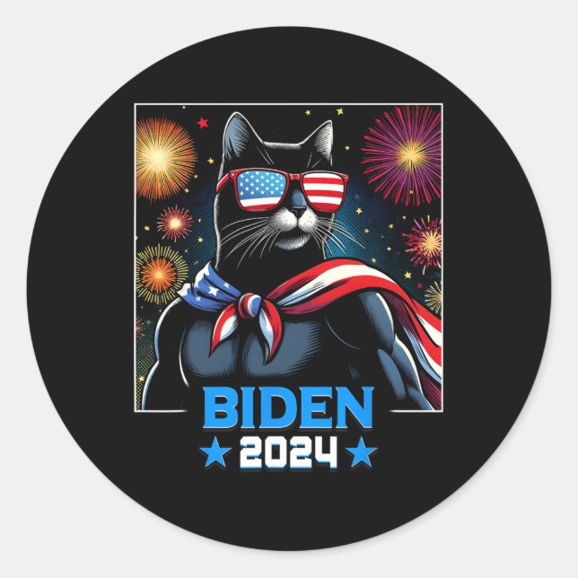 Sticker Rond Fireworks Us Président Biden 2024 Chat noir (Devant)