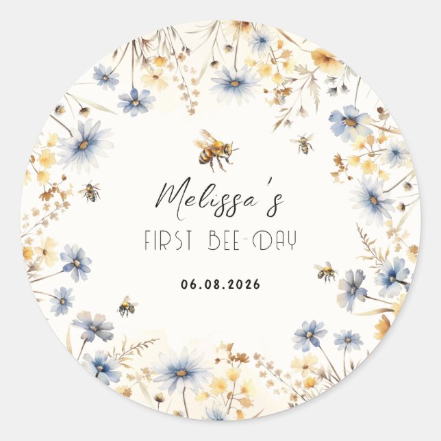 Sticker Rond First Bee Day - Floral 1st Birthday  (Devant)