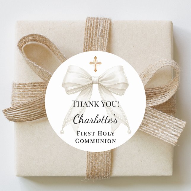 Sticker Rond First Communion bow ivory pearls cross thank you (Créateur téléchargé)