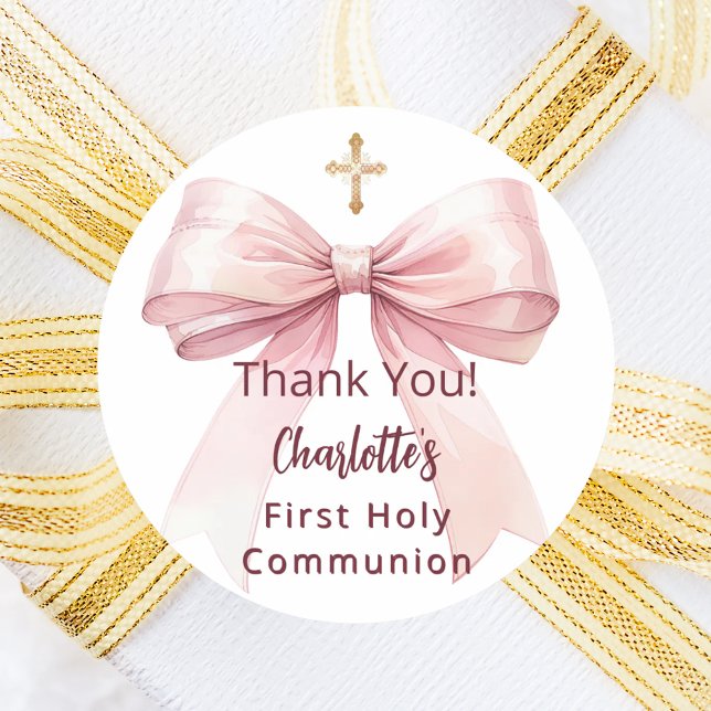 Sticker Rond First Communion pink bow girl cross thank you (Créateur téléchargé)