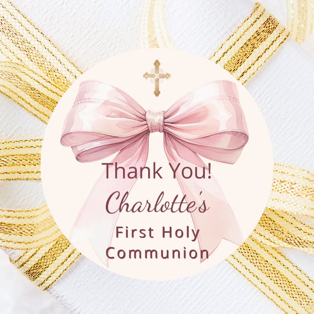 Sticker Rond First Communion pink bow ivory cross thank you (Créateur téléchargé)