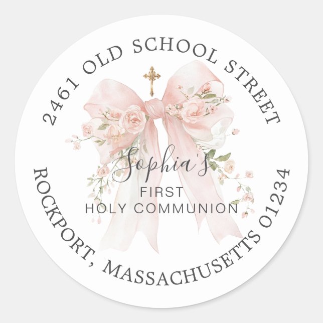 Sticker Rond First Communion Pink Bow Return Address Label (Devant)