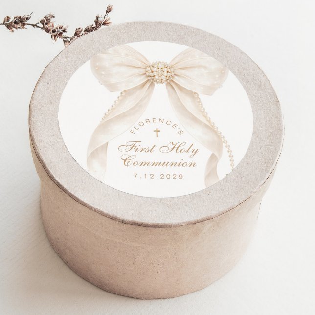 Sticker Rond First Holly Communion Gold Cross Ivory Bow (Créateur téléchargé)