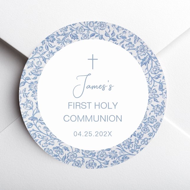 Sticker Rond First Holy Communion Boy Blue White Floral Pattern (Créateur téléchargé)