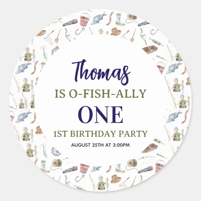 Sticker Rond Fishing 1st Birthday | O-Fish-Ally One party (Devant)