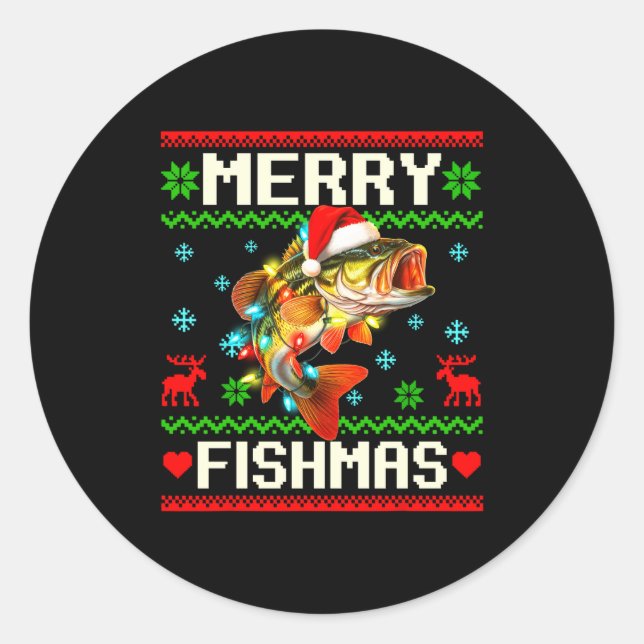 Sticker Rond Fishing B Fish Merry Fishmas Fisherman Ugly Christ (Devant)