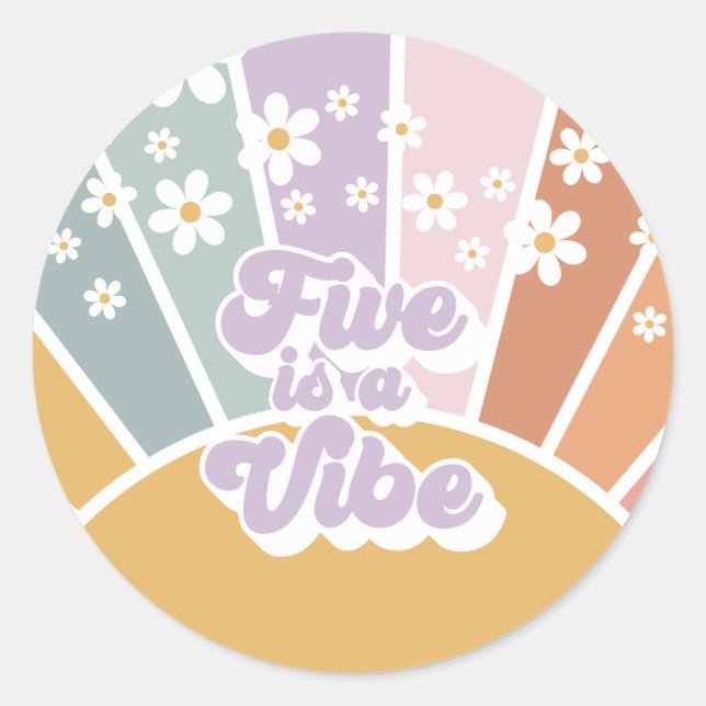 Sticker Rond Five est une Vibe Retro Sunshine Rainbow Daisy (Devant)