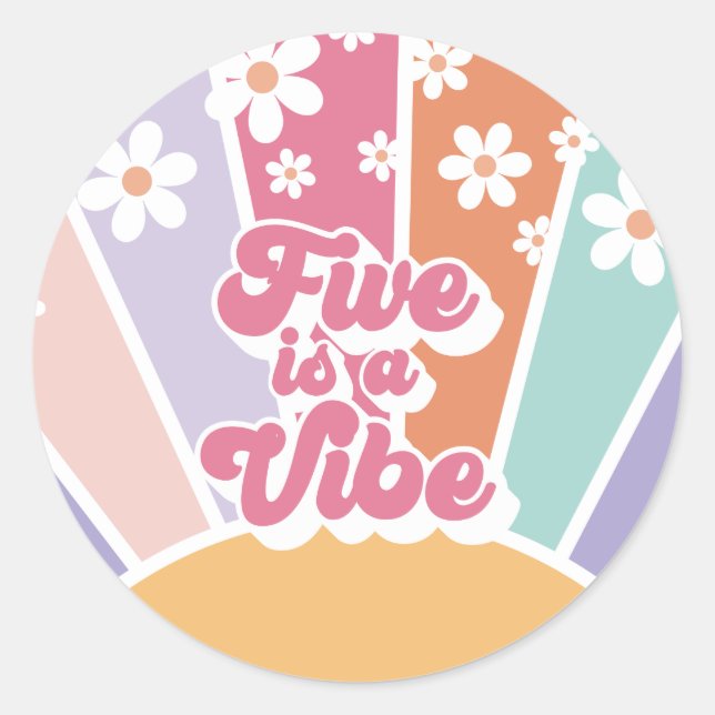 Sticker Rond Five est une Vibe Retro Sunshine Rainbow Daisy (Devant)
