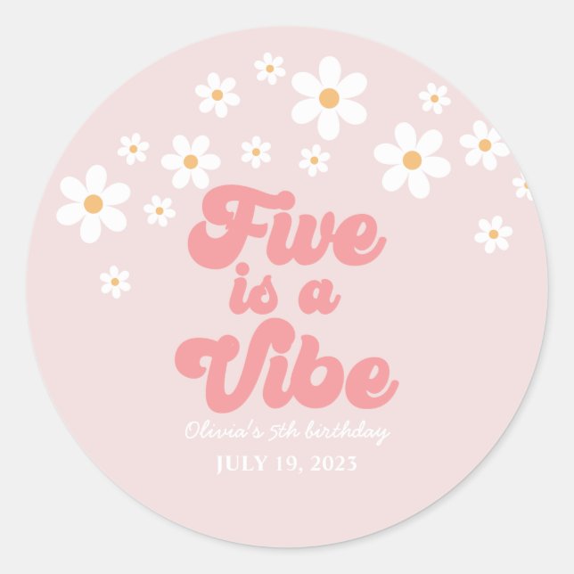 Sticker Rond Five est Vibe Retro Daisy Pink 5e anniversaire (Devant)