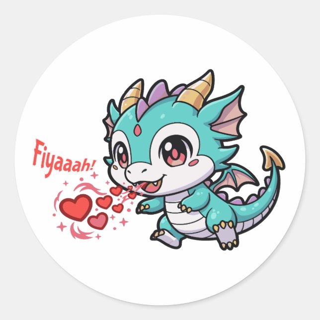 Sticker Rond Fiyaaah Cute Baby Dragon Chibi Anime Kawaii Heart (Devant)