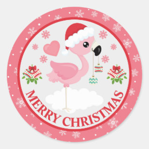 Sticker Rond Flamant de Noël Rose et Rouge Hiver