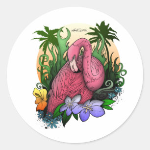 Sticker Rond Flamant rose