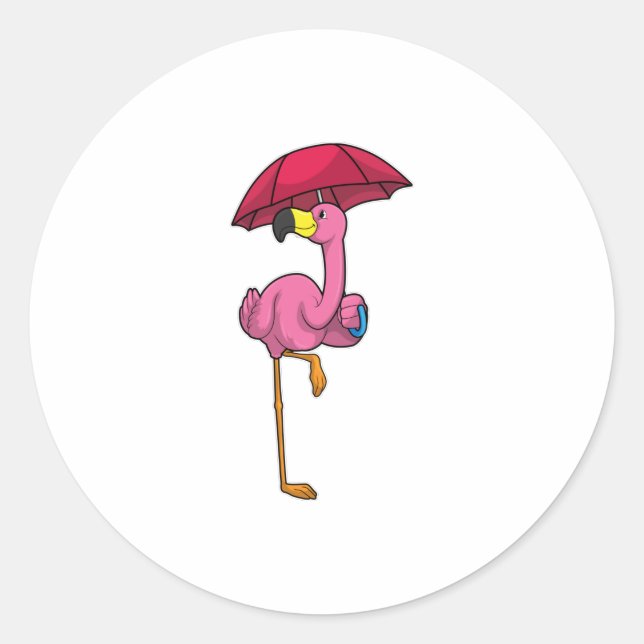 Sticker Rond Flamant rose à la pluie avec parapluie (Devant)