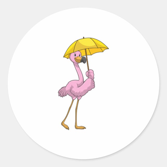 Sticker Rond Flamant rose à la pluie avec parapluie (Devant)