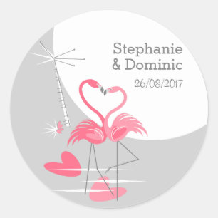 Sticker Rond Flamant rose Amour grand Lune Noms Date ronde