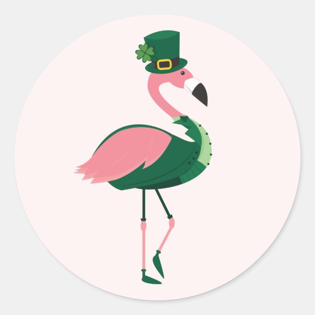 Sticker Rond Flamant rose Animal rose St Patrick's Day (Devant)